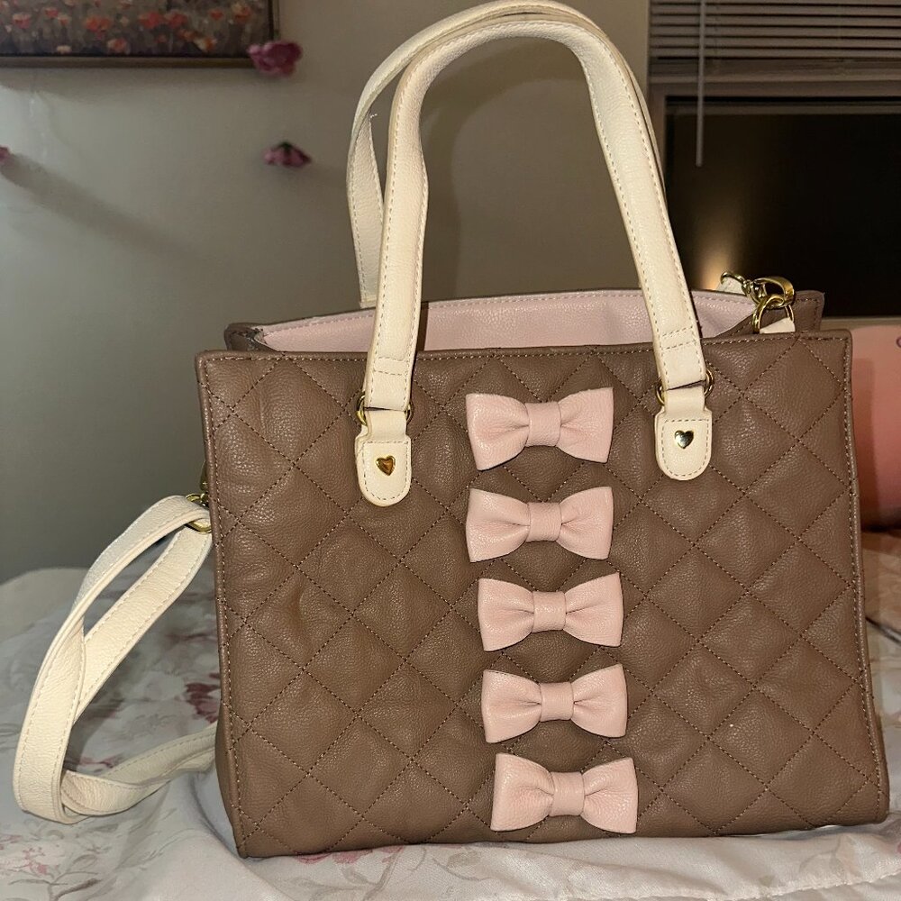 Betsey Johnson Quilted Brown & Cream Bag/Crossbody with Pink Bows